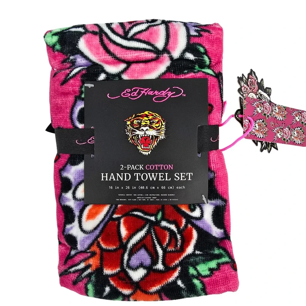 Ed Hardy 2 Pack Cotton Hand Towel Set Pink Tattoo Rose Tiger Print New